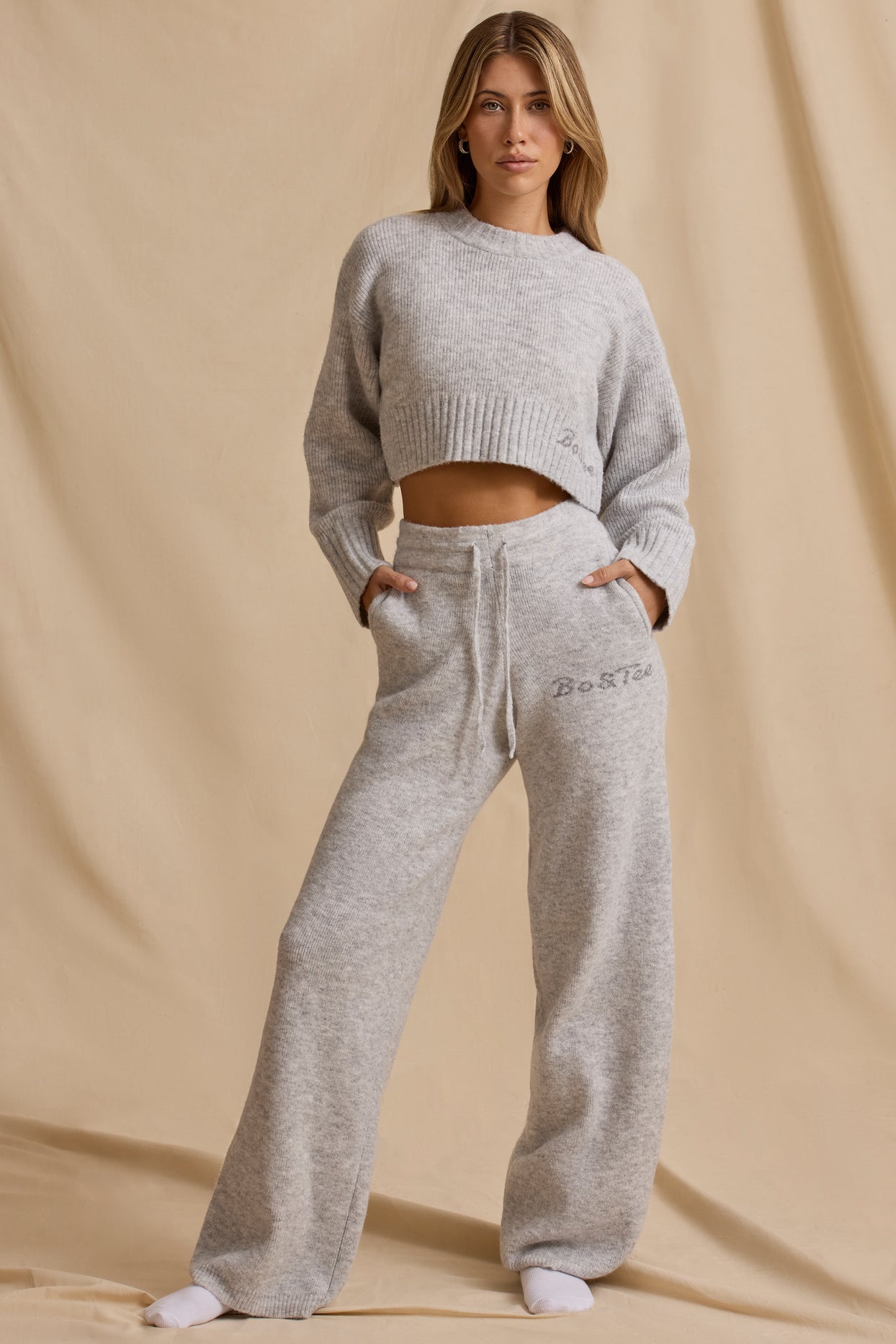 Petite Mid-Rise Wide-Leg Joggers in Ice Marl