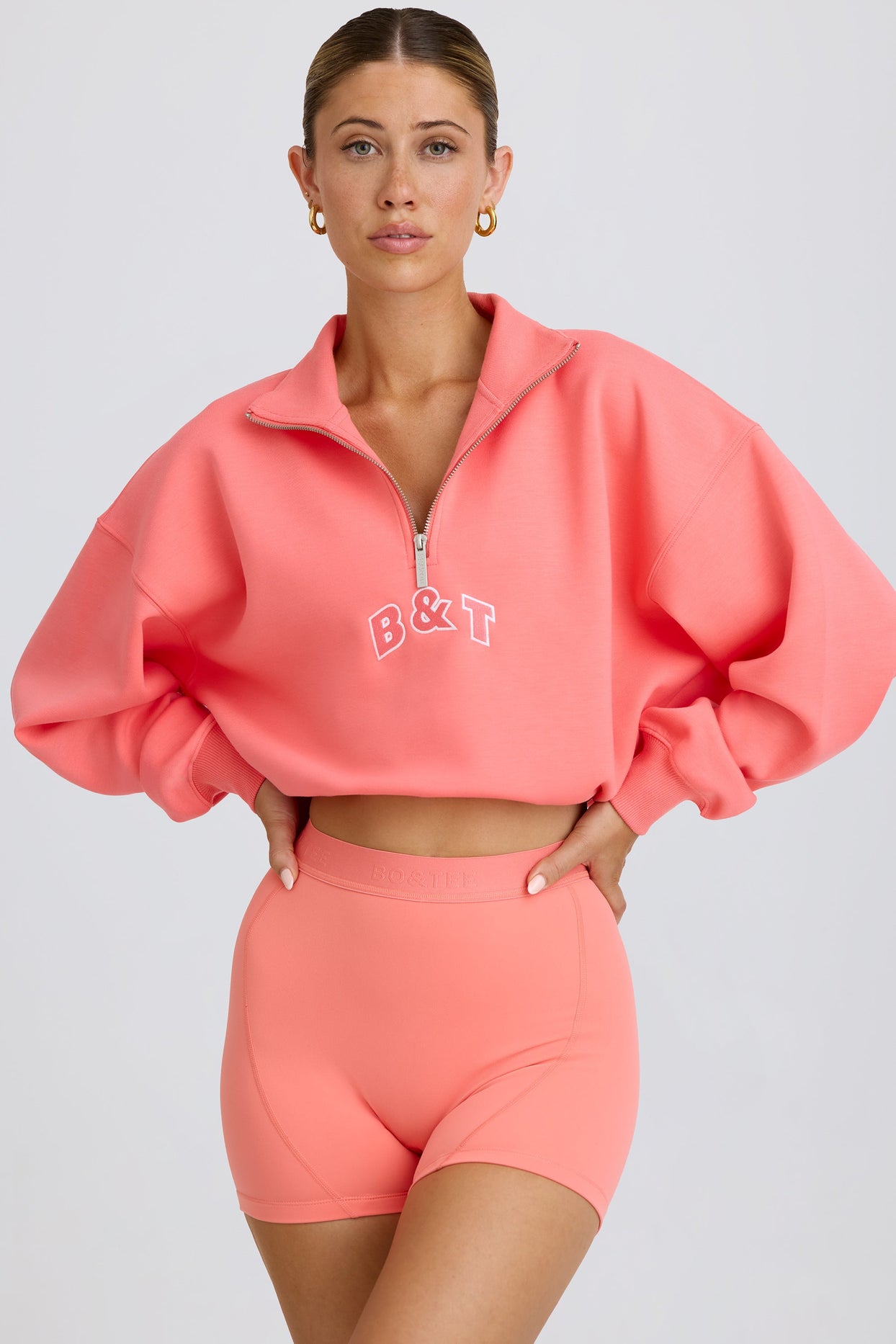 Quarter-Zip Cropped Sweatshirt in Coral