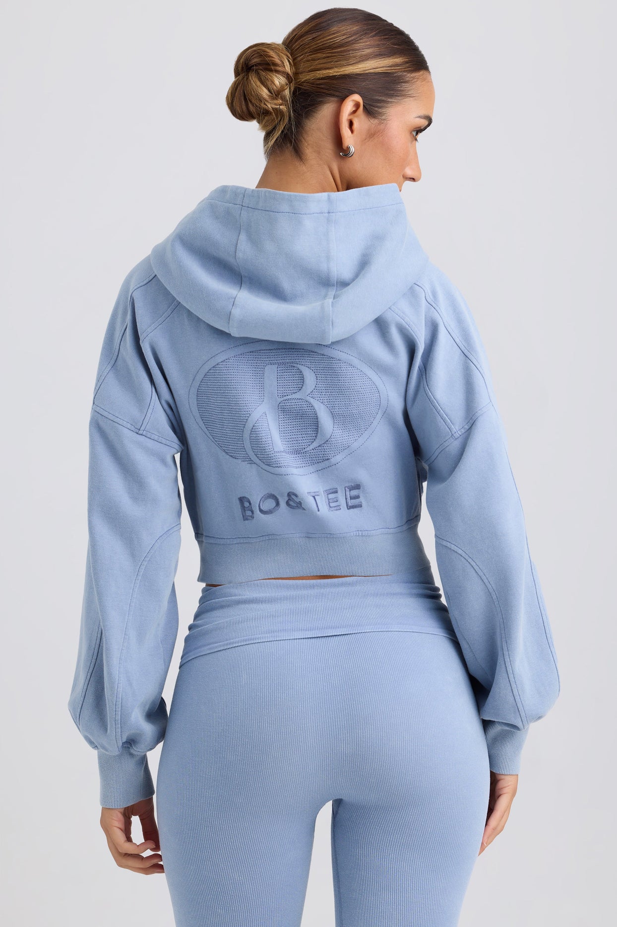 Zip-Up Cropped Hoodie in Washed Blue