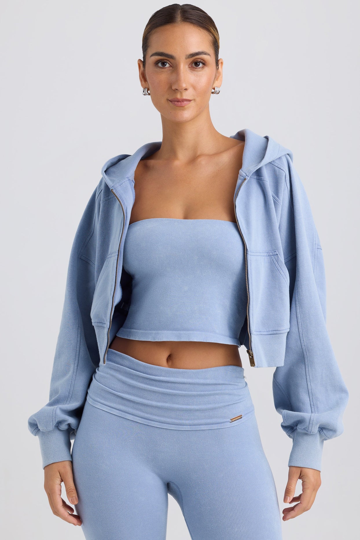 Zip-Up Cropped Hoodie in Washed Blue