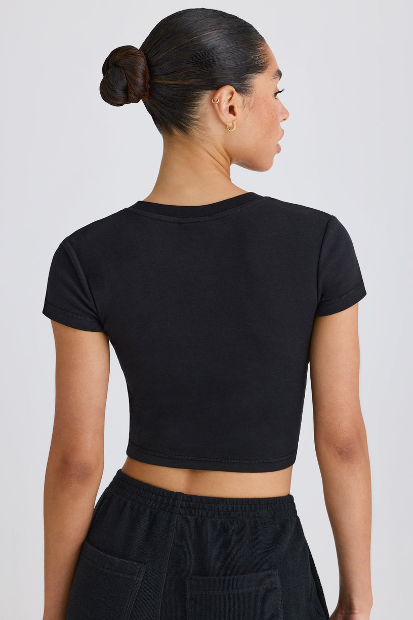 Stretch Cotton Jersey Graphic Print Cropped T-Shirt in Black - 2