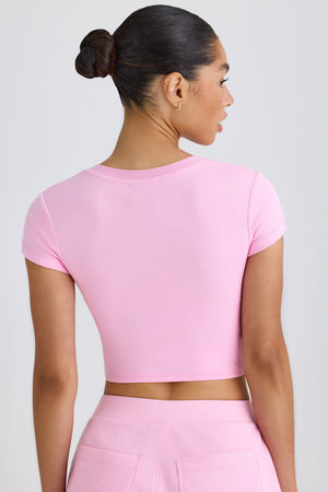 Stretch Cotton Jersey Graphic Print Cropped T-Shirt in Bubblegum Pink