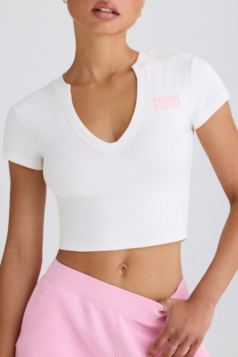 Stretch Cotton Jersey Graphic Print Cropped T-Shirt in White - 1