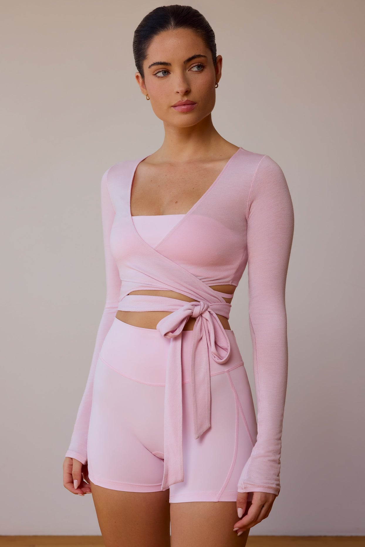 Long-Sleeve Wrap Crop Top in Soft Pink