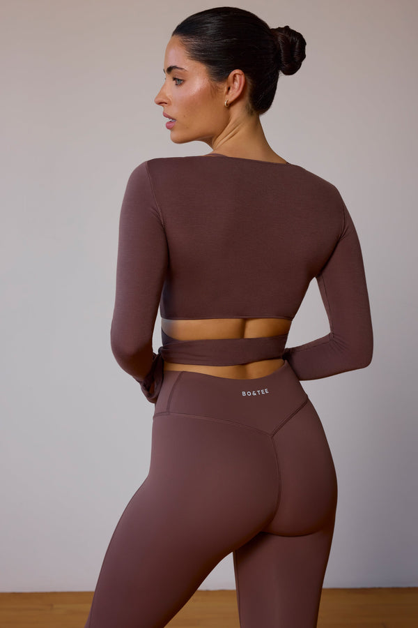 Long-Sleeve Wrap Crop Top in Taupe Brown - 2
