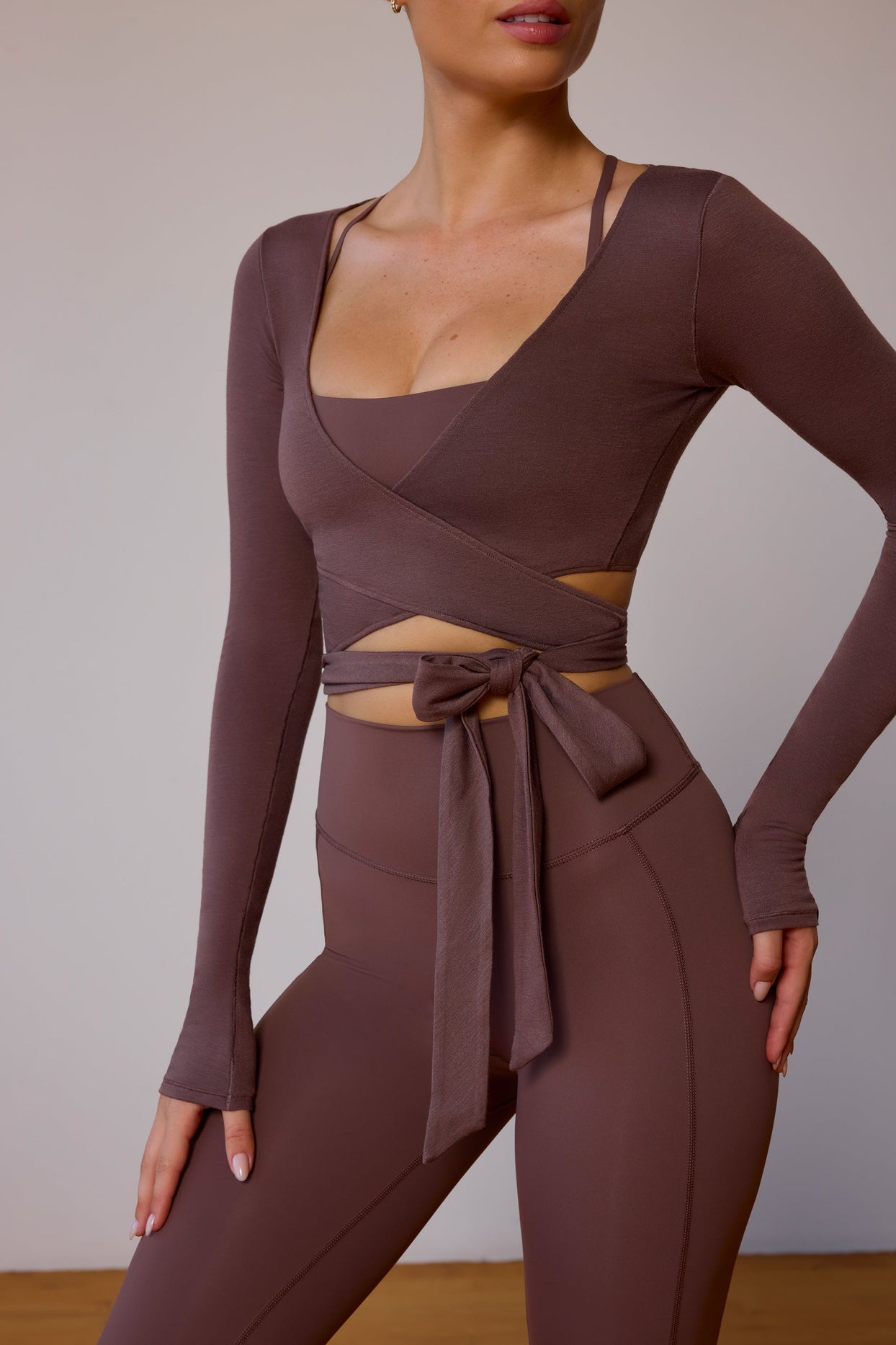 Long-Sleeve Wrap Crop Top in Taupe Brown