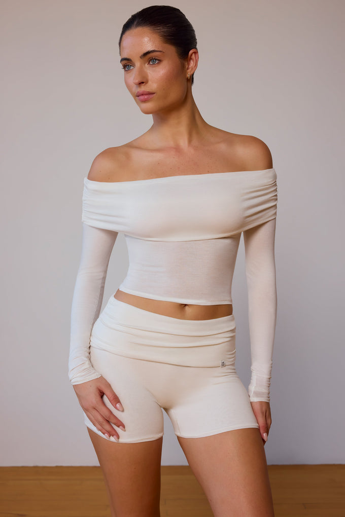 Sheer Off-Shoulder Long-Sleeve Top in Soft White