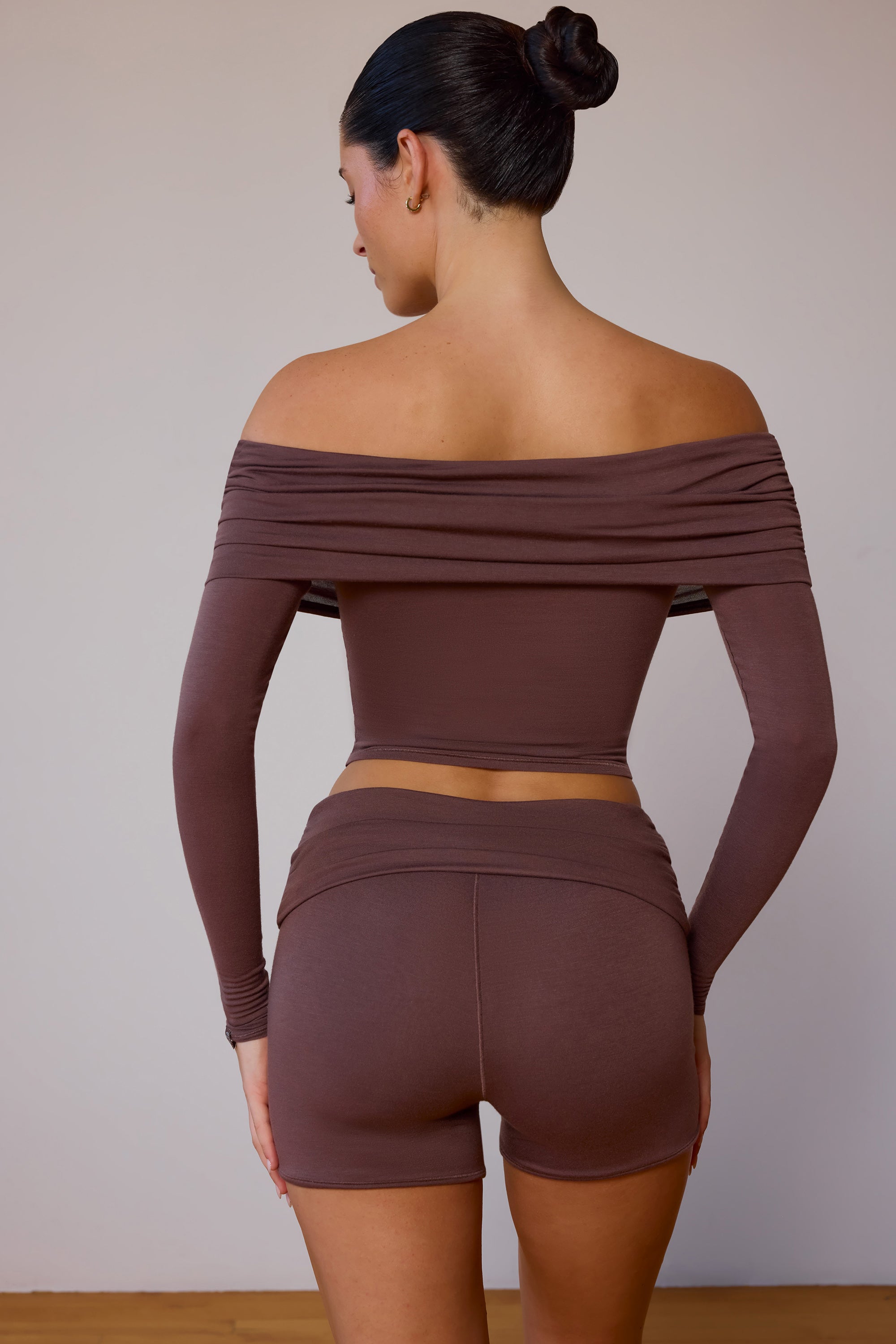 Fold-Over Mini Shorts in Taupe Brown