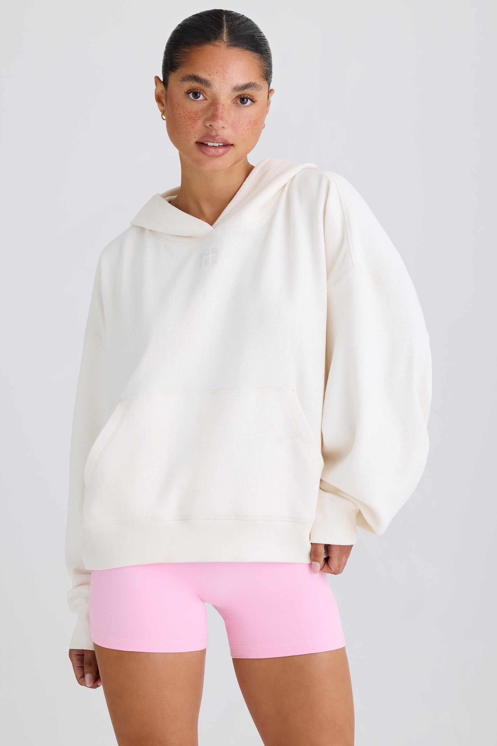 Textured Cotton Jersey Graphic Print Hoodie in White - 2