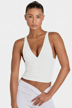 Bo+Tee model Kiele wearing the ButterCloud™ Full Top in Ivory Ribbed Modal fabric perfect for coffee dates