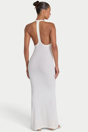 Bo+Tee model Kiele wearing the BT16374__Ivory Maxi Dress in Ivory Ribbed Modal fabric perfect for rooftop dinners