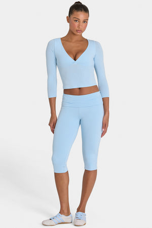 Bo+Tee model Kiele wearing the BT16390__LightBlue Leggings in Light Blue Modal fabric perfect for yoga sessions