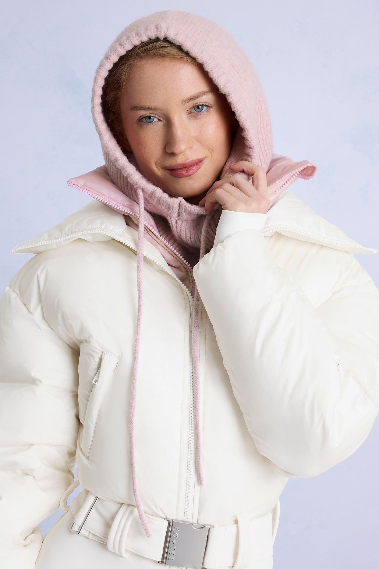 Knit Drawstring Balaclava in Powder Pink - 3
