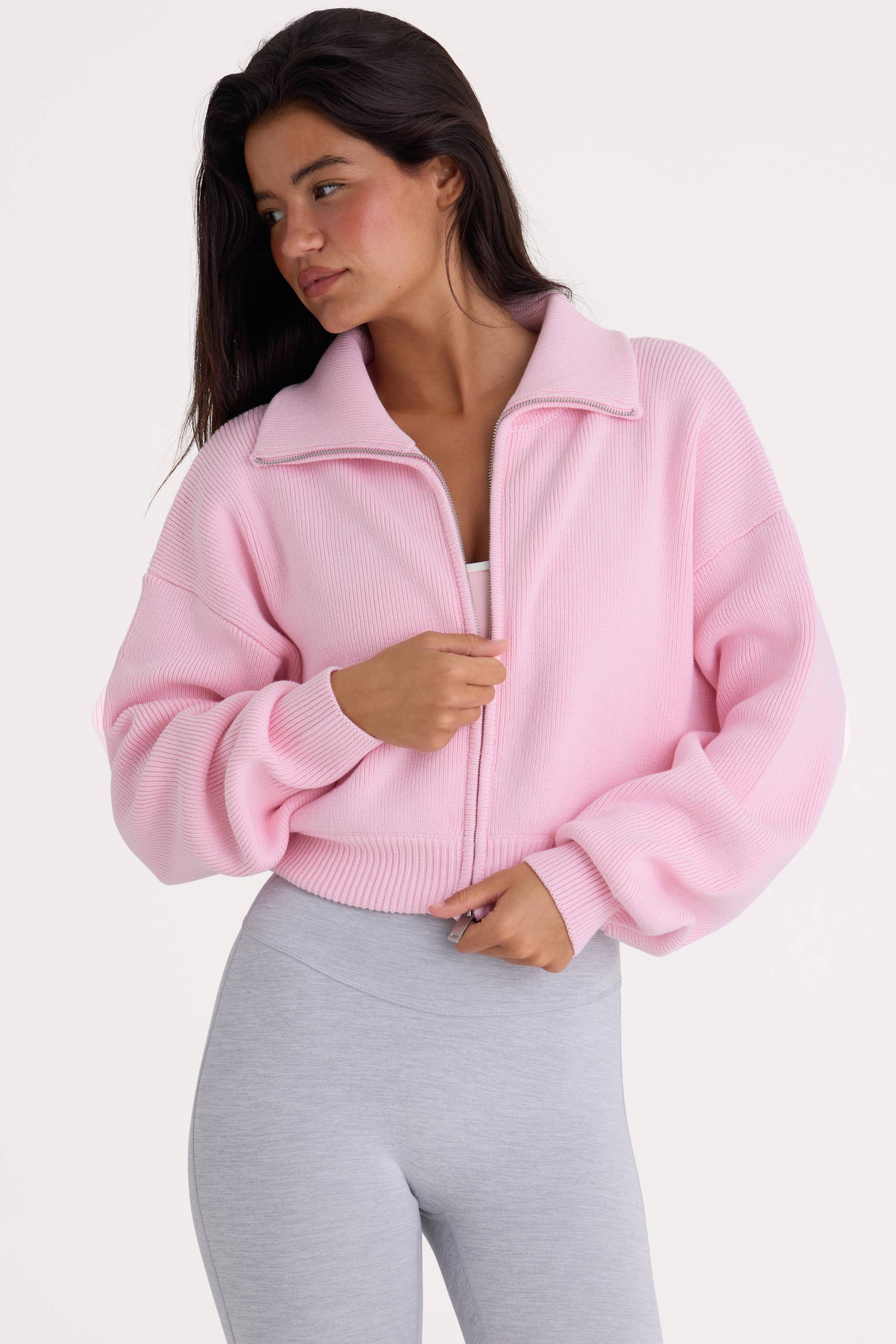 Ribbed Knit Zip-Up Cropped Sweatshirt in Pale Pink