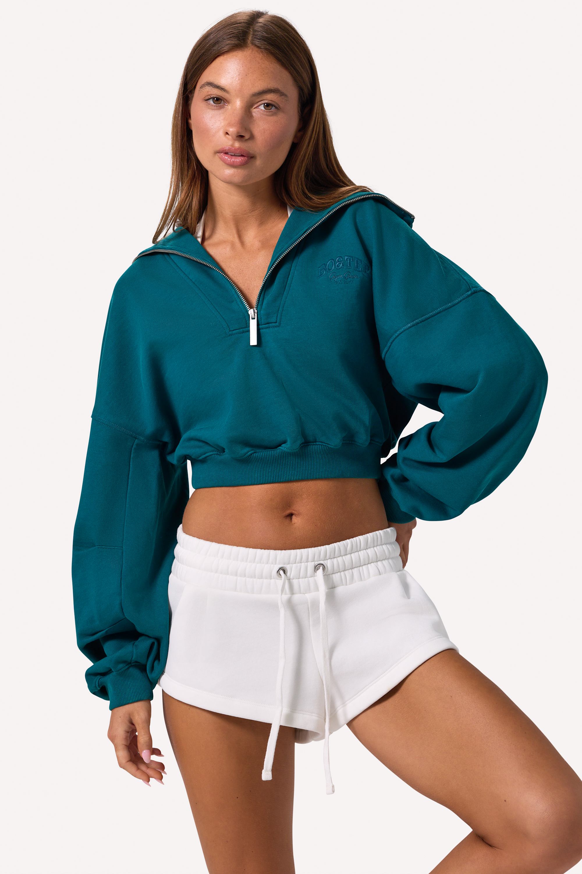 Quarter-Zip Cropped Sweatshirt in Teal