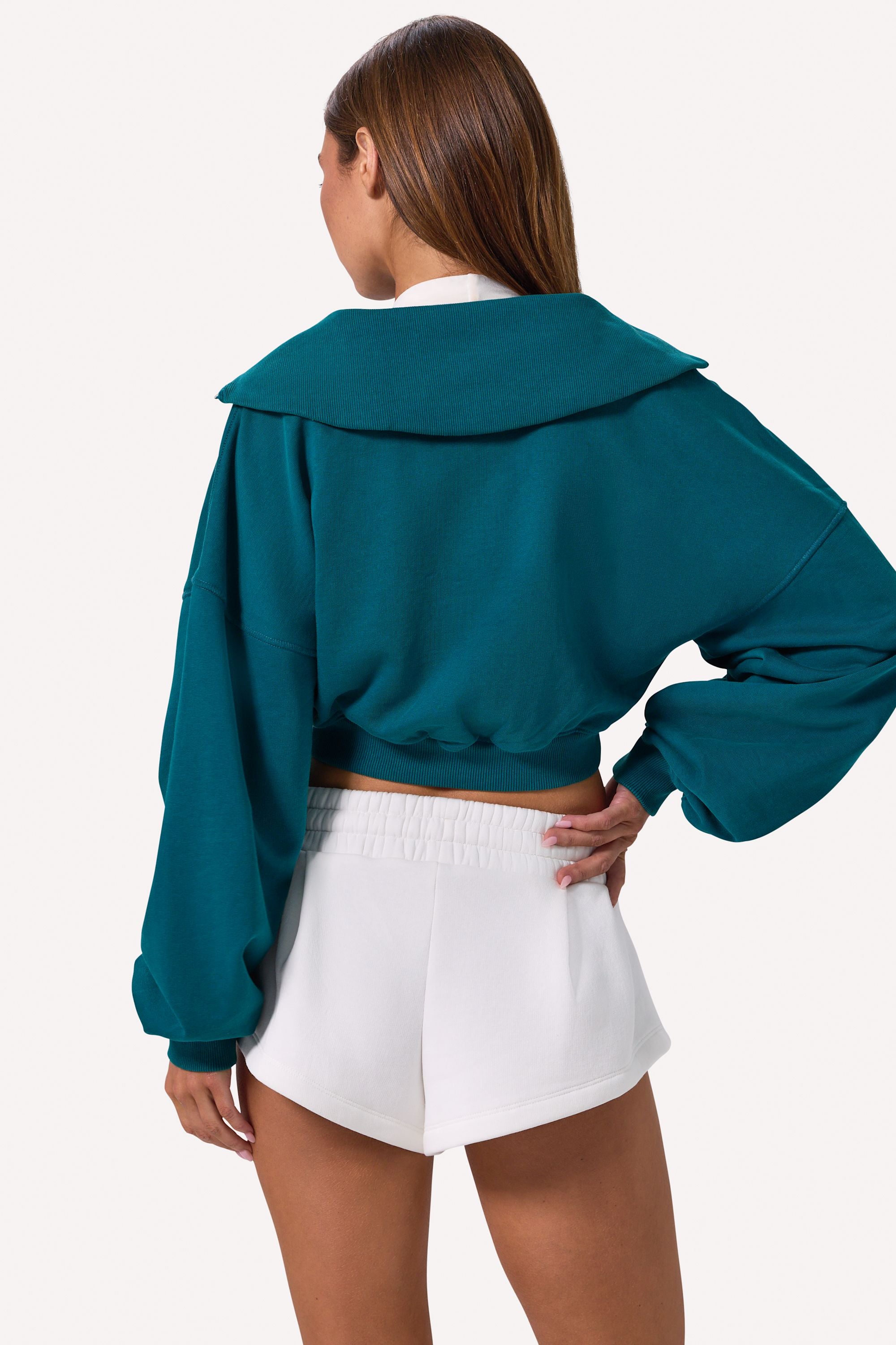 Quarter-Zip Cropped Sweatshirt in Teal