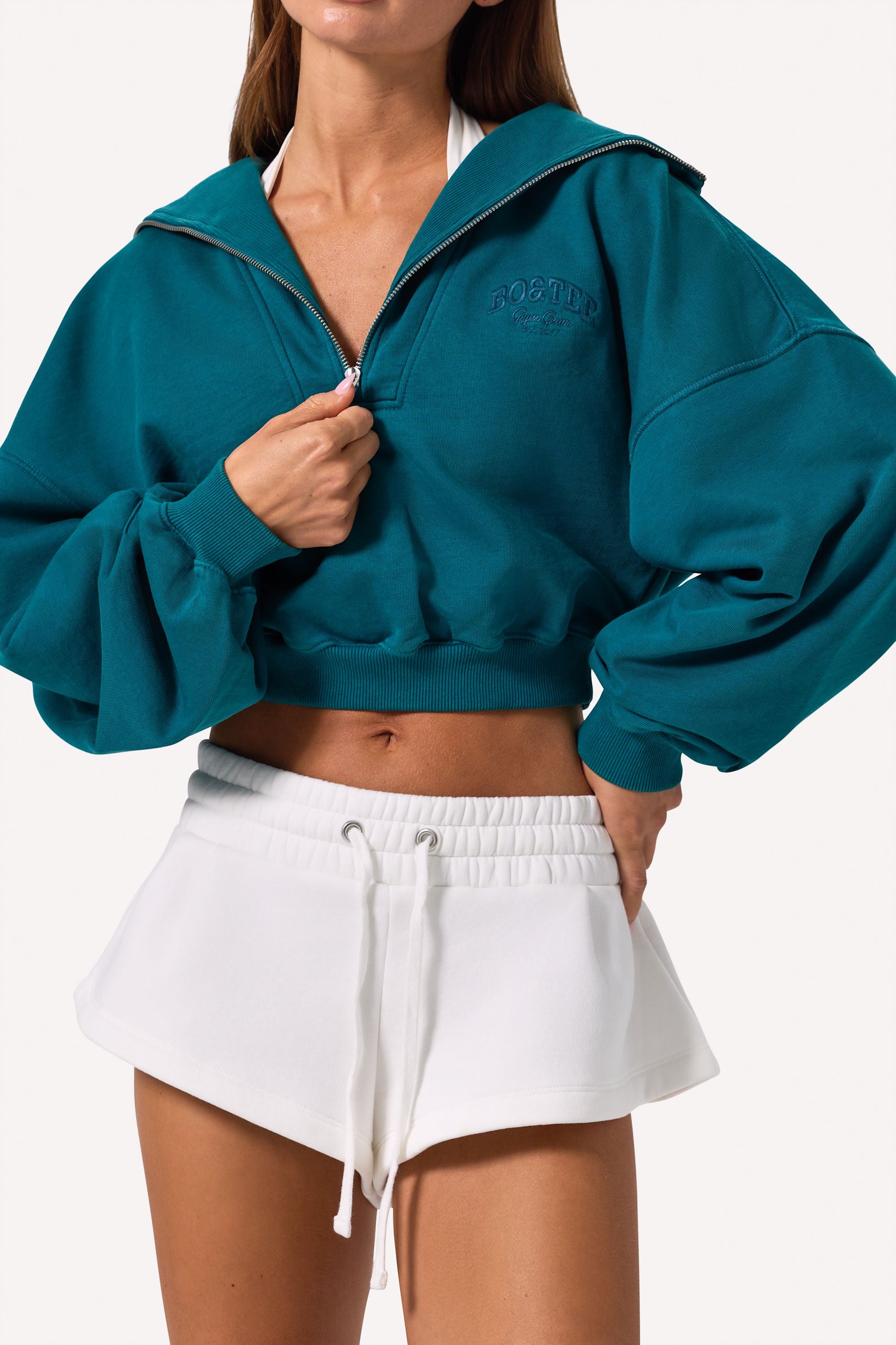 Quarter-Zip Cropped Sweatshirt in Teal