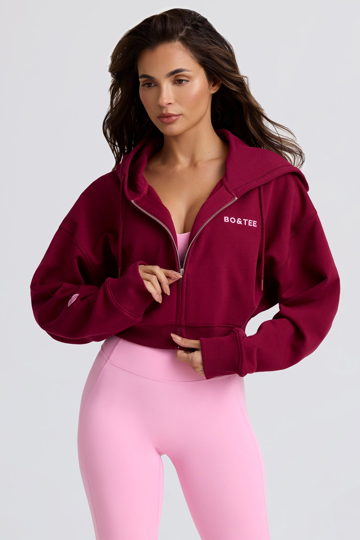 Cropped Zip-Up Hoodie in Burgundy - 1