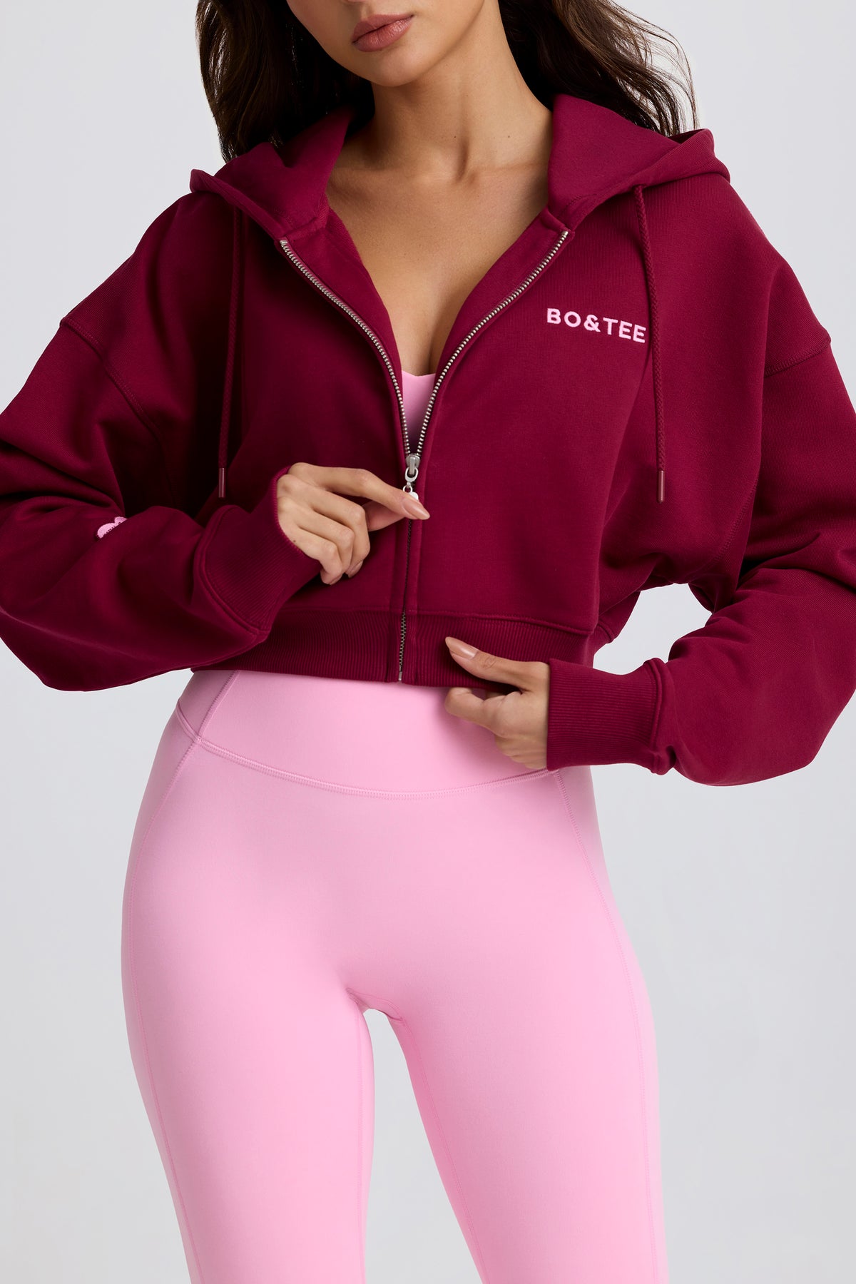 Cropped Zip-Up Hoodie in Burgundy