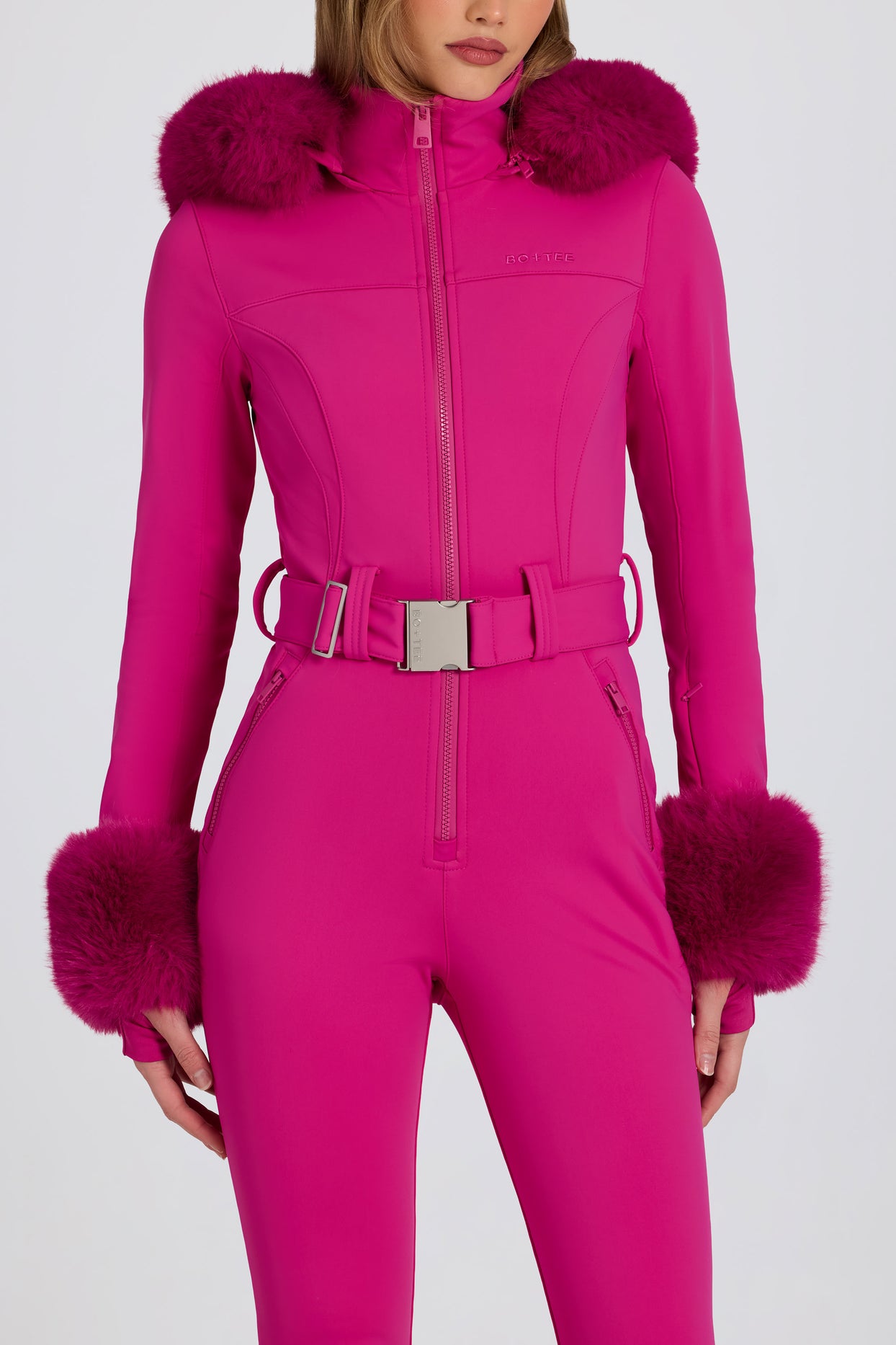 Waterproof Faux-Fur Hood Fitted Ski Suit in Magenta Pink - 5