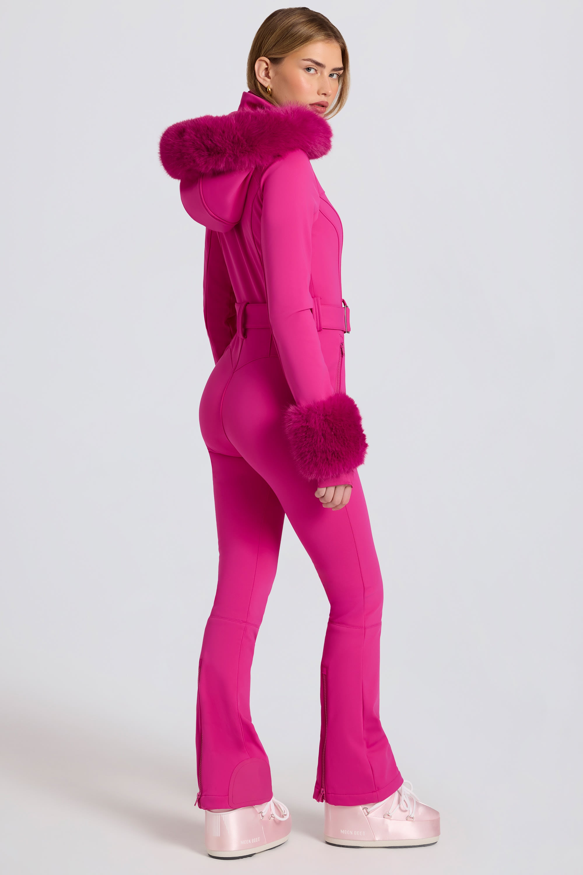Waterproof Faux-Fur Hood Fitted Ski Suit in Magenta Pink | Bo+Tee