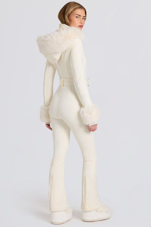 Waterproof Faux-Fur Hood Fitted Ski Suit in Ice