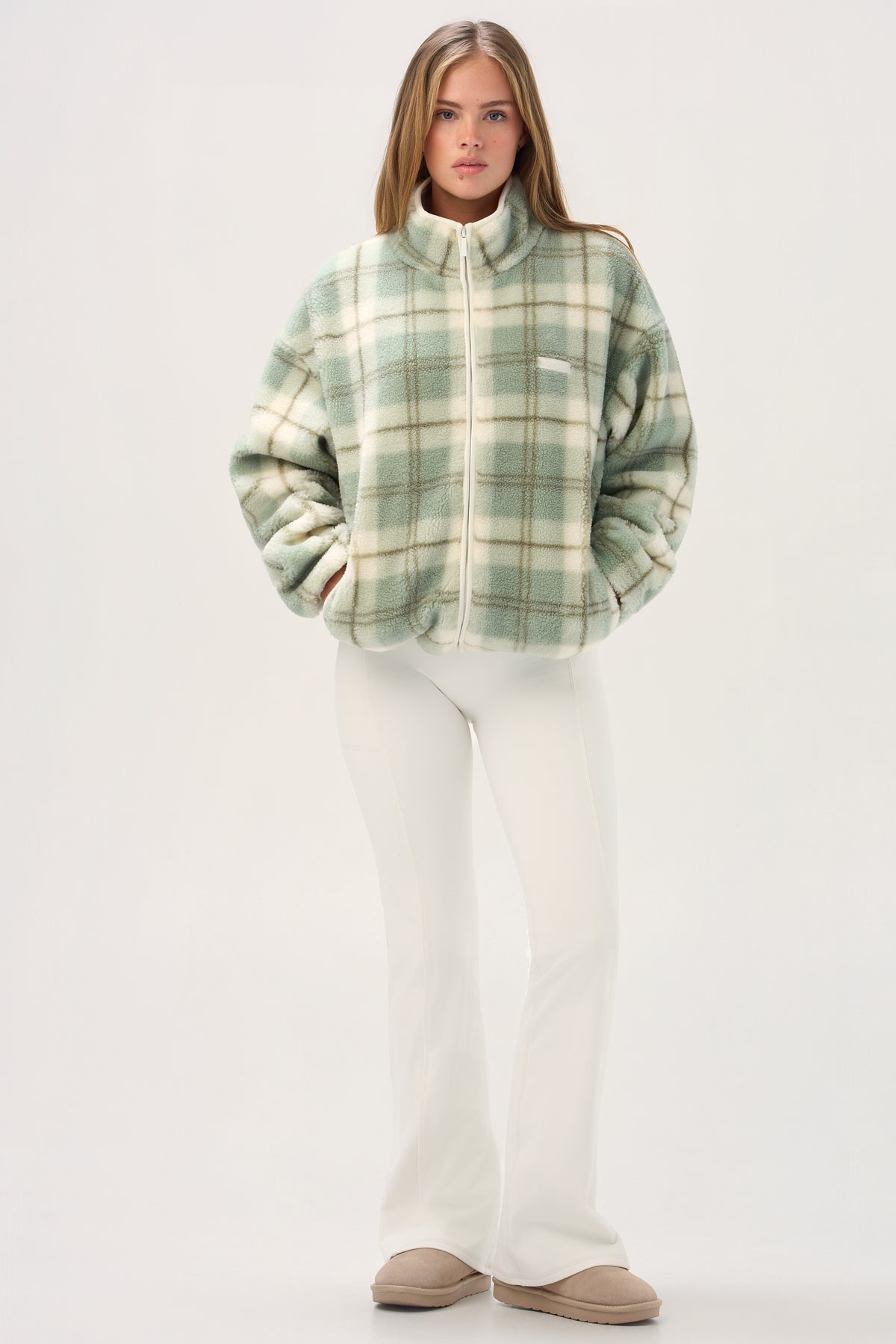 Oversized Zip-Up Fleece in Matcha Plaid - 1