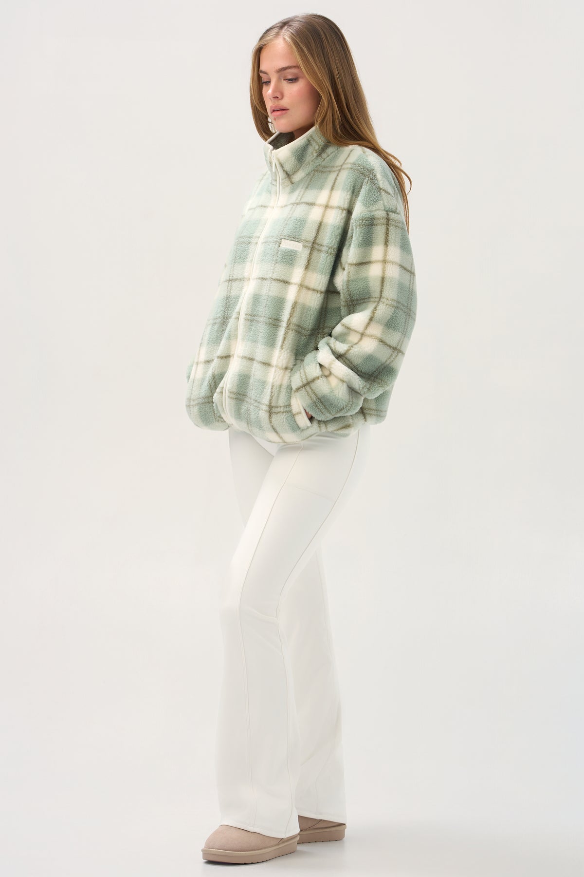 Oversized Zip-Up Fleece in Matcha Plaid - 2