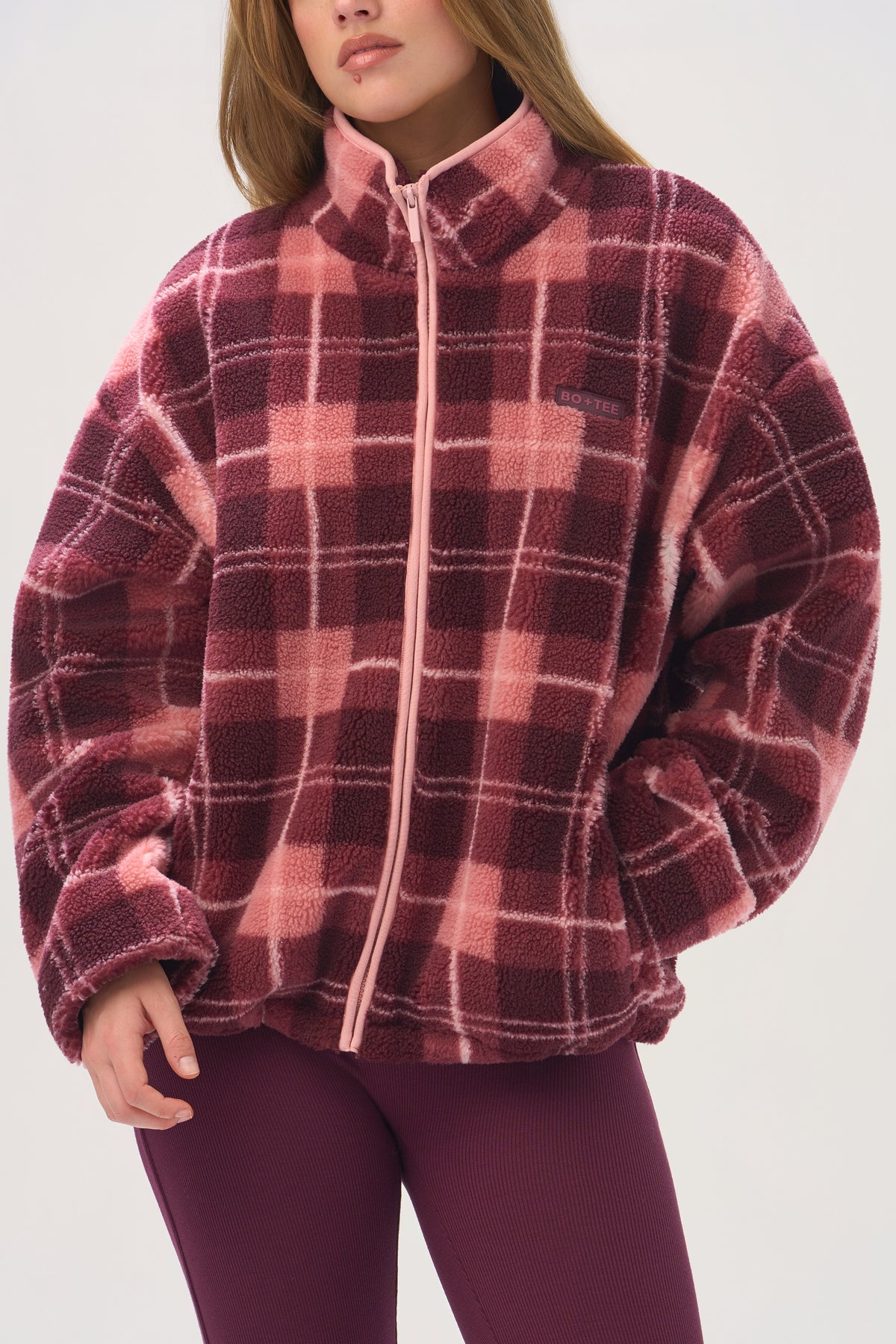 Oversized Zip-Up Fleece in Plum Plaid
