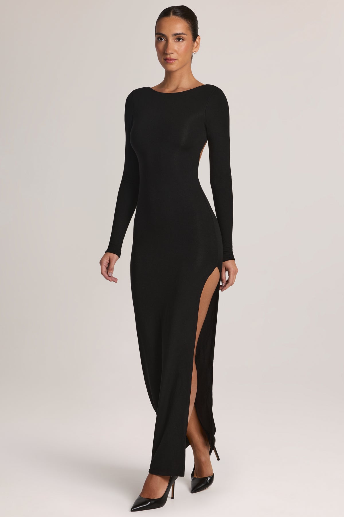 Modal Long-Sleeve Backless Maxi Dress in Black