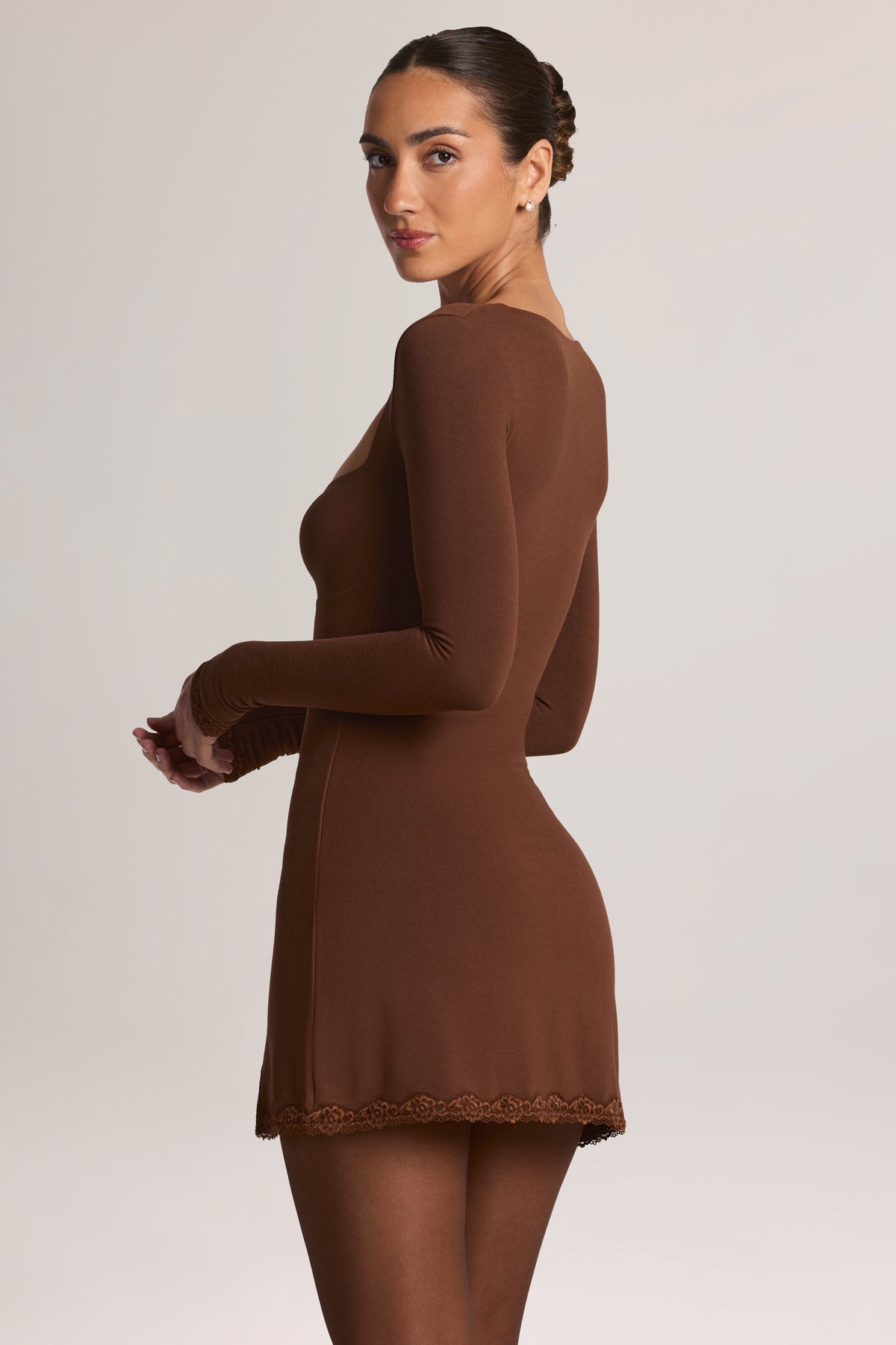 Modal Lace-Trim Long-Sleeve Mini Dress in Cocoa Brown