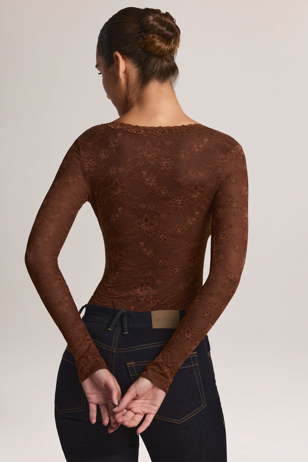Lace Long-Sleeve Bodysuit in Cocoa Brown - 2