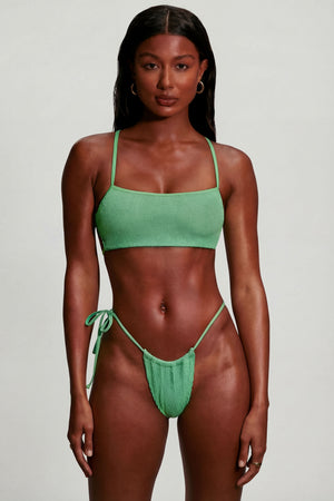 Oh Polly Swim's Kiele wearing the Seersucker Bikini Top in Seafoam Green fabric perfect for beach vacations