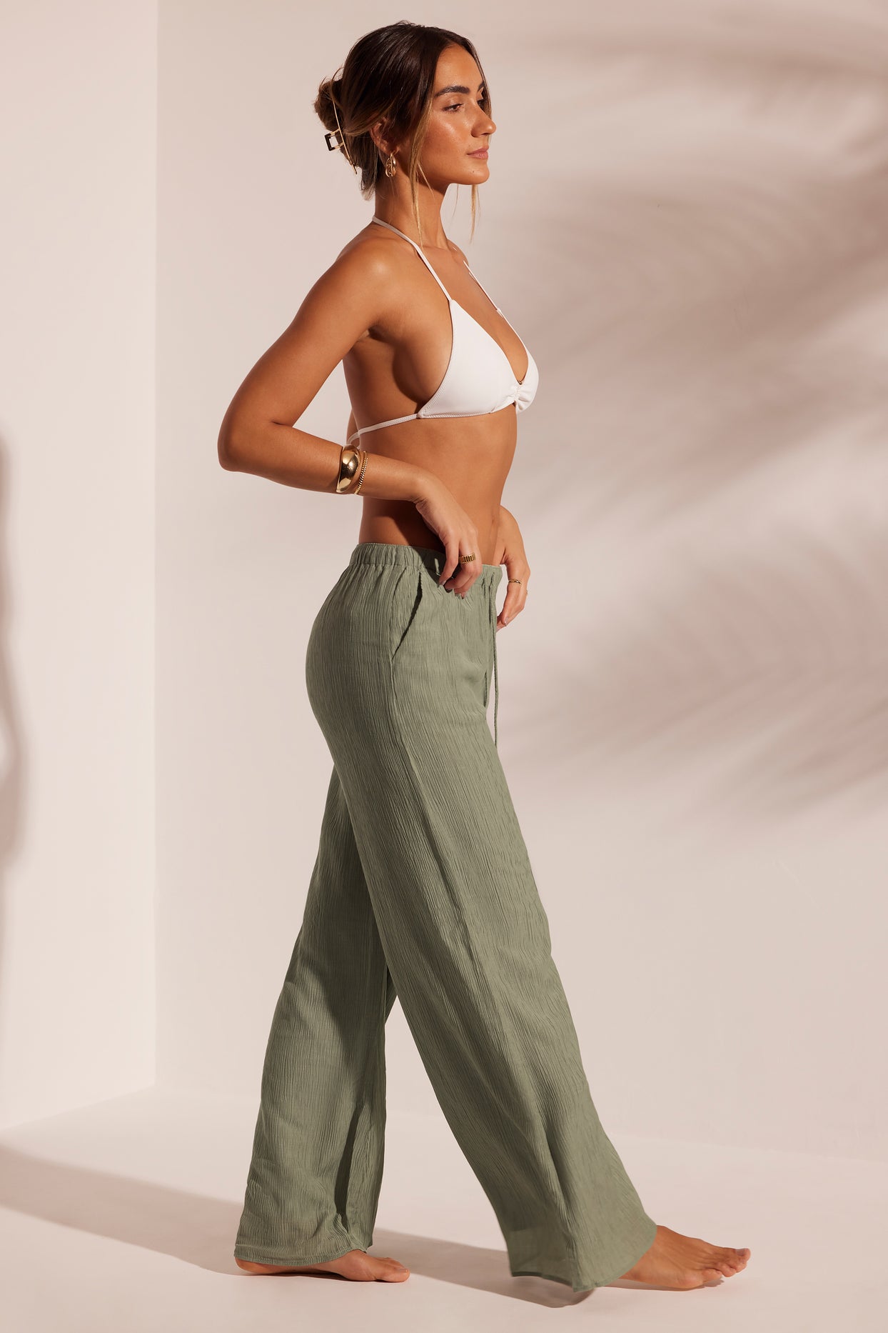 Resort Wear Crinkle Textured Wide Leg Beach Trousers in Light Green