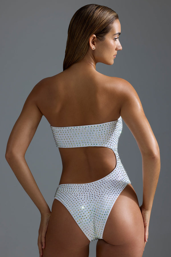 Embellished Cut-Out Cheeky One-Piece Swimsuit in White - 2