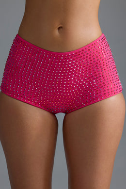 Embellished Mid-Rise Hot Pants in Raspberry Sorbet