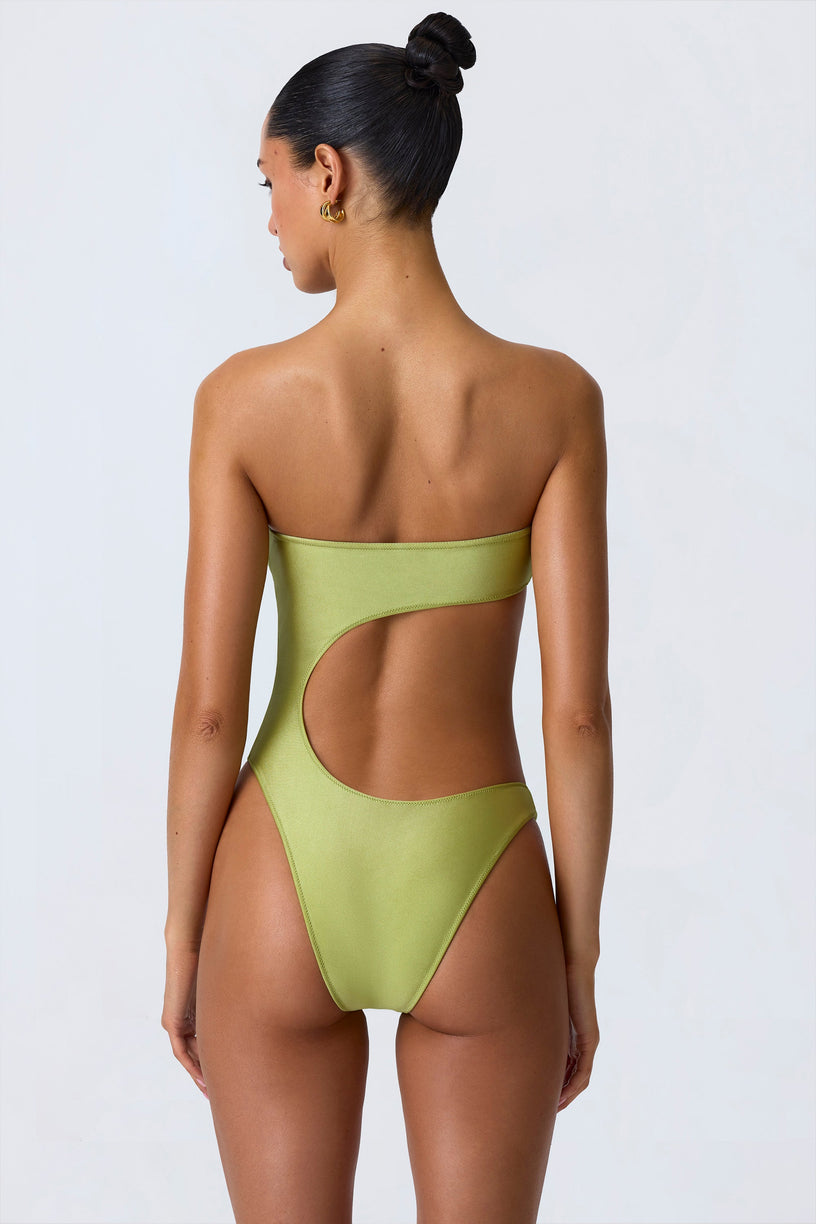 Bead-Embellished Cut-Out Bandeau Swimsuit in Pear Green - 2