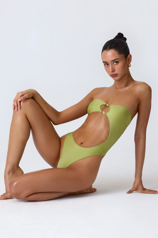 Embellished Cut-Out Bandeau Swimsuit in Pear Green