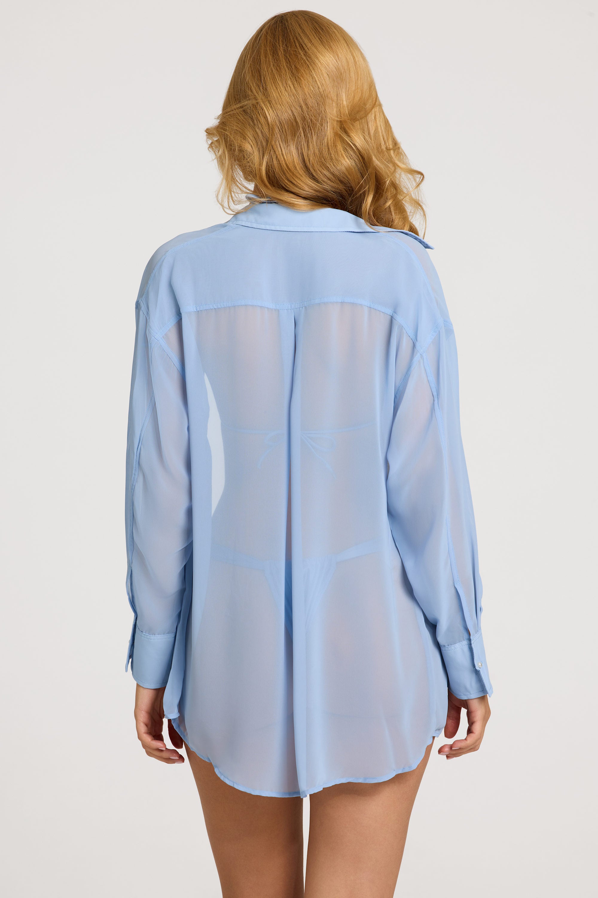 Pearl-Detail Oversized Shirt in Sky Blue