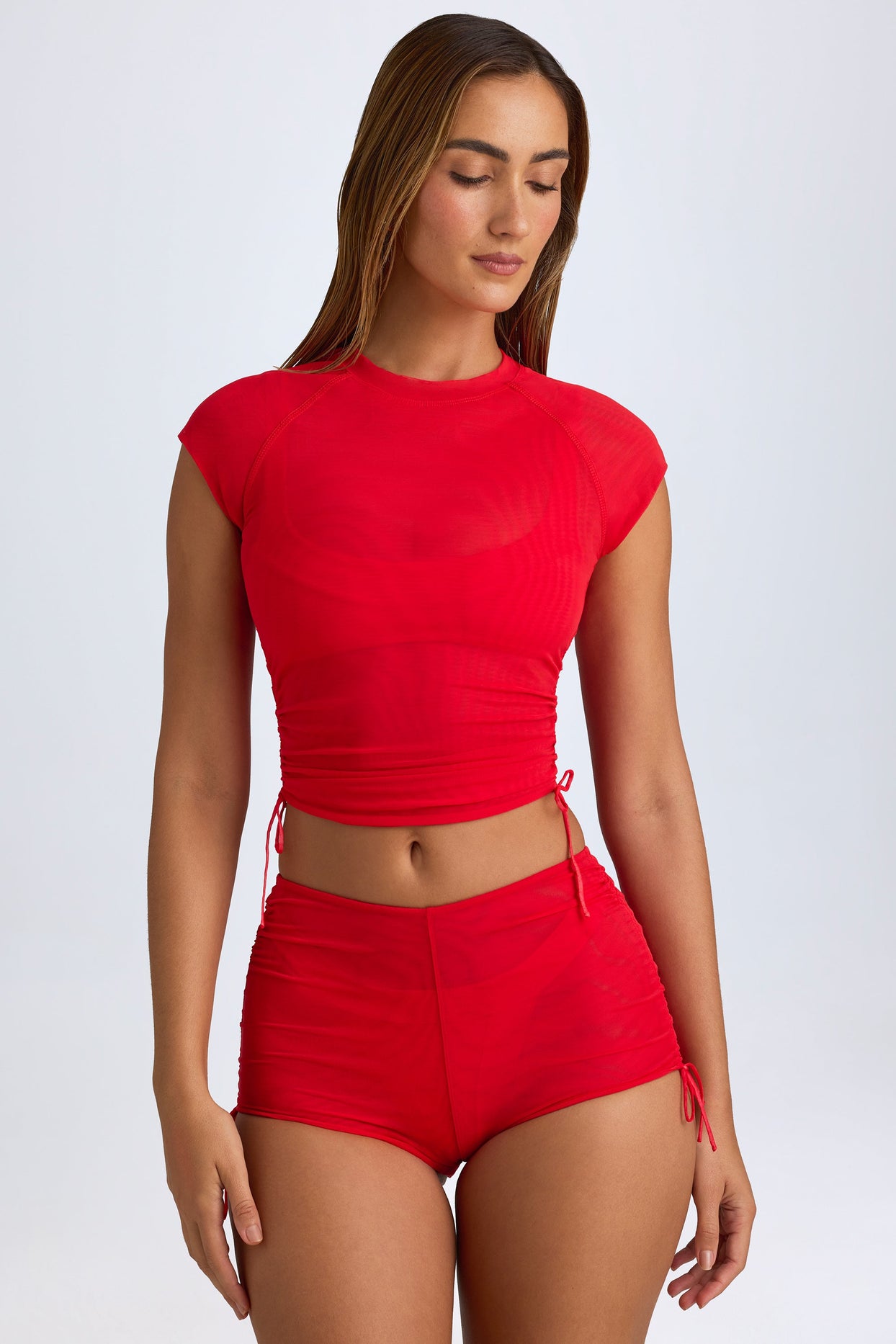 Sheer Ruched Cropped T-Shirt in Fiery Red