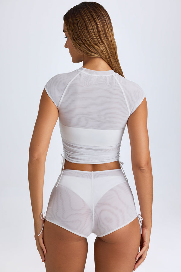 Sheer Ruched Cropped T-Shirt in White - 2