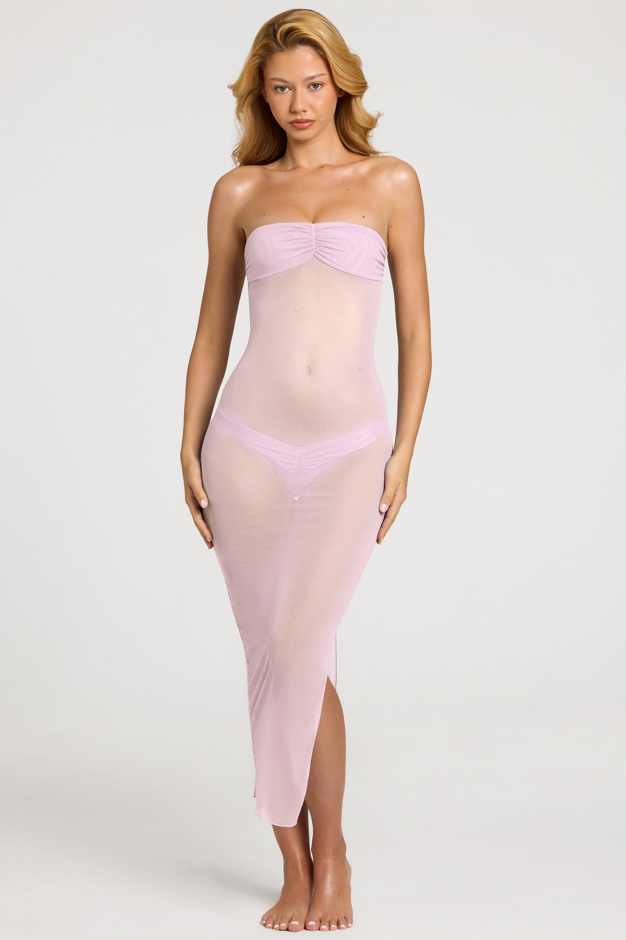 Ruched Bandeau Midi Dress in Soft Pink