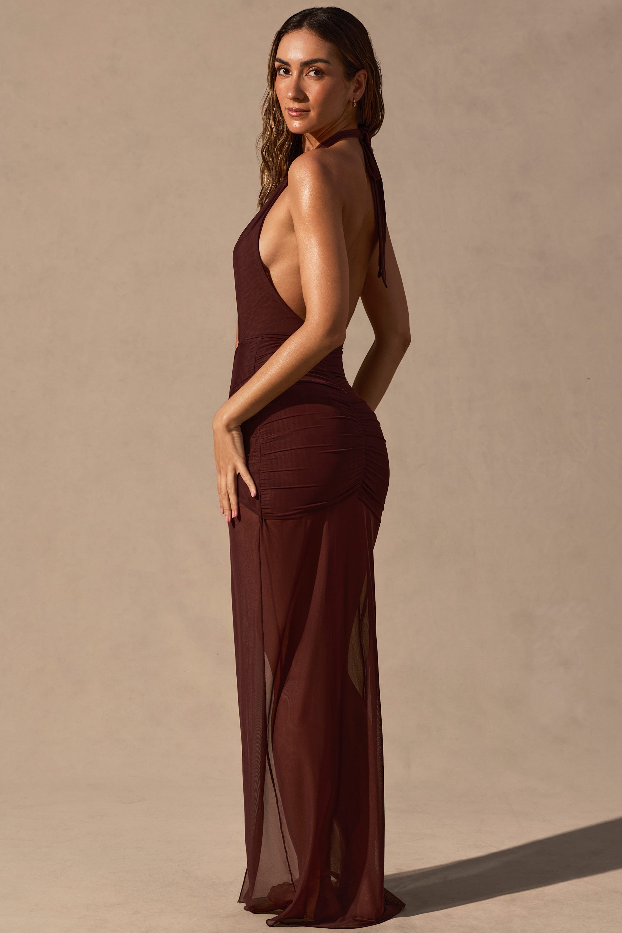 Caicos Cut-Out Halterneck Maxi Dress in Espresso Brown