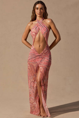 Cut-Out Halterneck Maxi Dress in Paisley Print