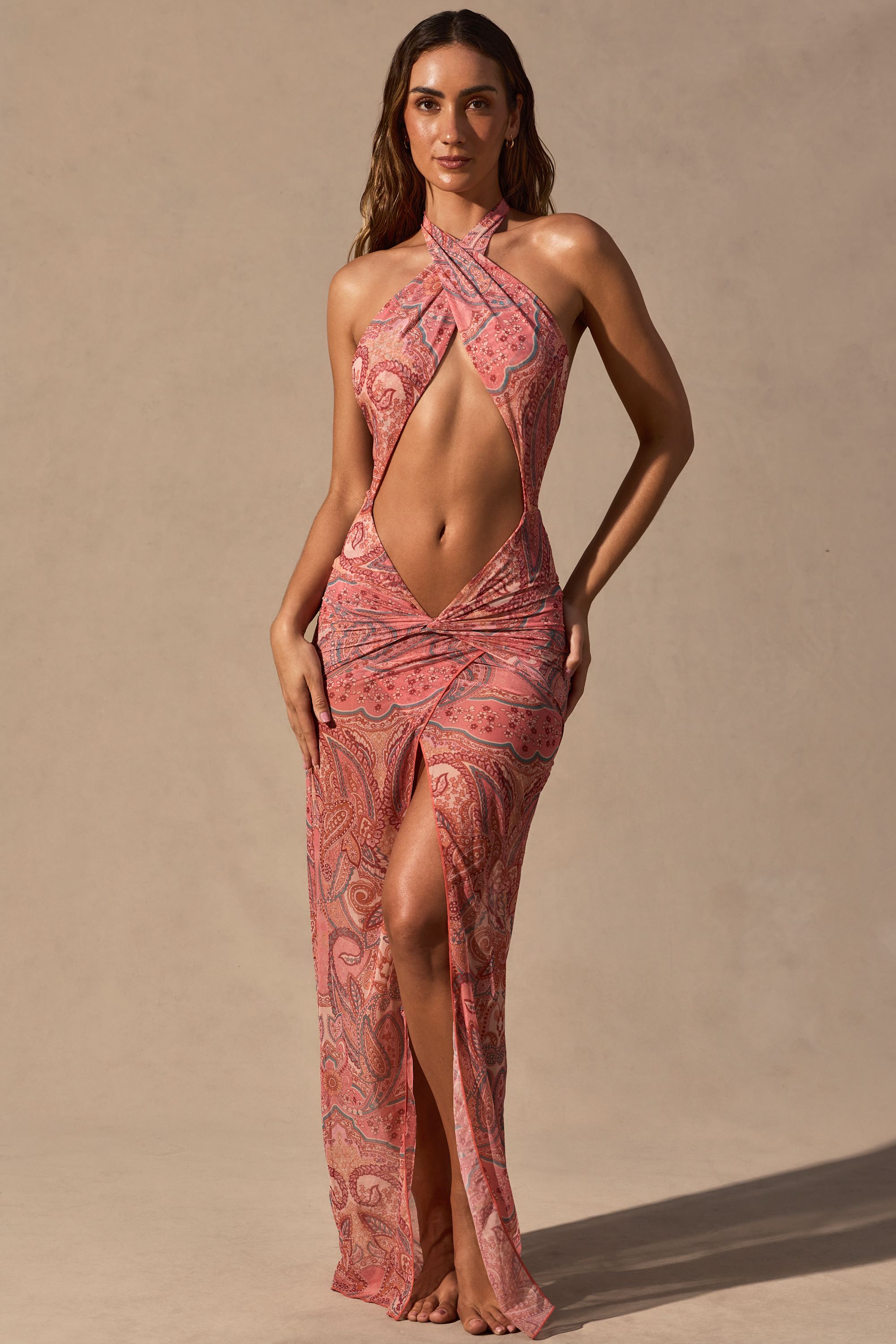 Caicos Cut-Out Halterneck Maxi Dress in Paisley Print