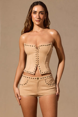Lace-Up Corset Top  in Tan
