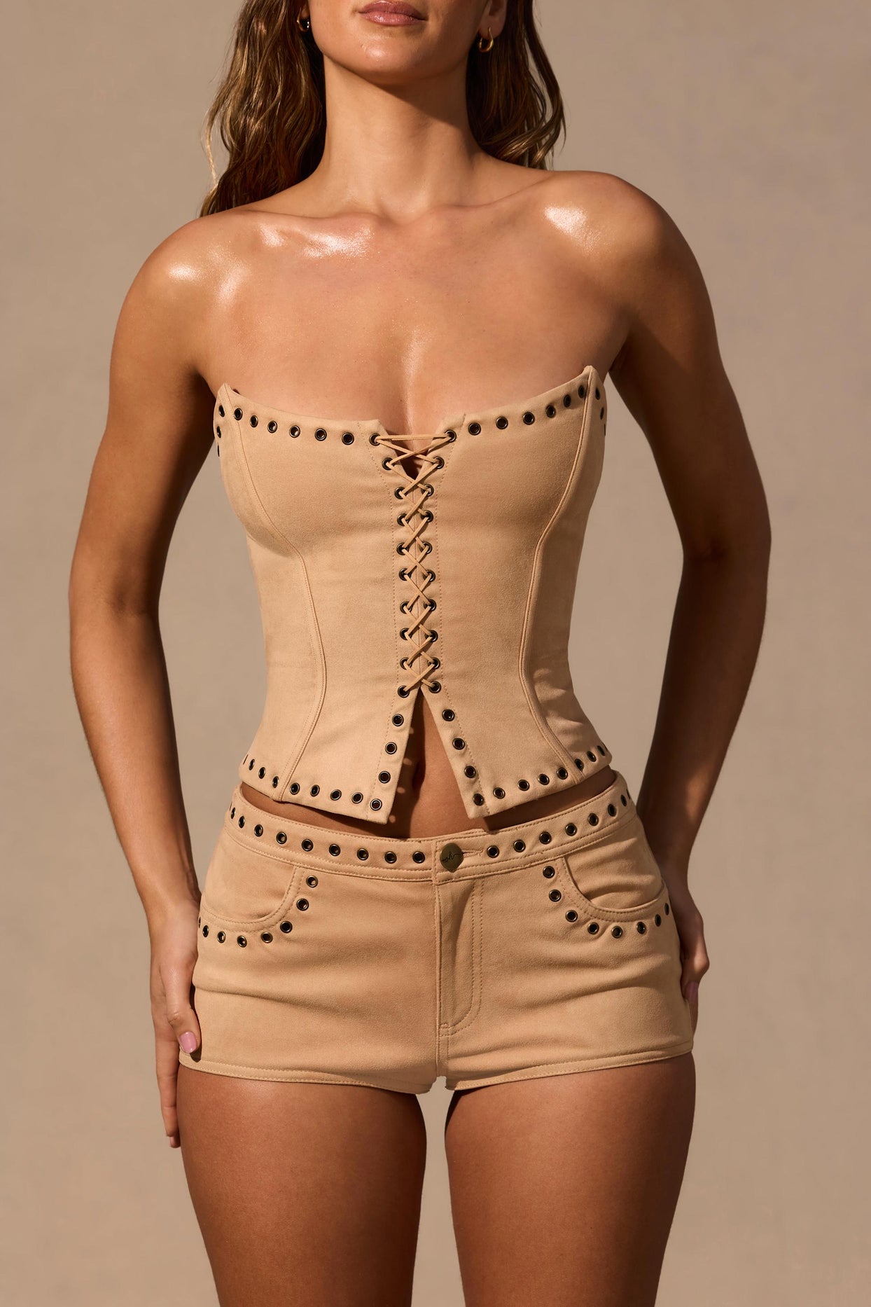 Lace-Up Corset Top  in Tan - 5