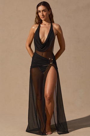 Cowl-Neck Plunge Maxi Dress in Black