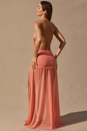 Cowl-Neck Plunge Maxi Dress in Coral