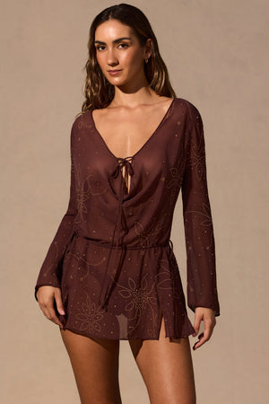 Long-Sleeve Mini Dress in Espresso Brown - M Long-Sleeve Mini Dress in Espresso Brown - M